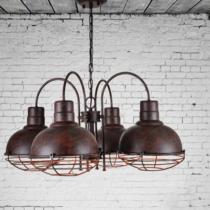 Industrial Chandelier with Rusted Metal Cage Shades