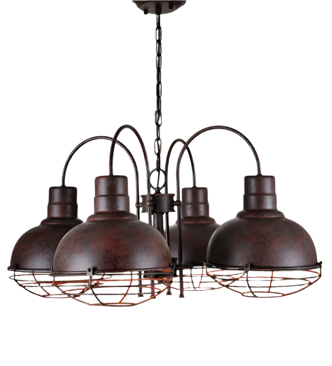 Industrial Chandelier with Rusted Metal Cage Shades