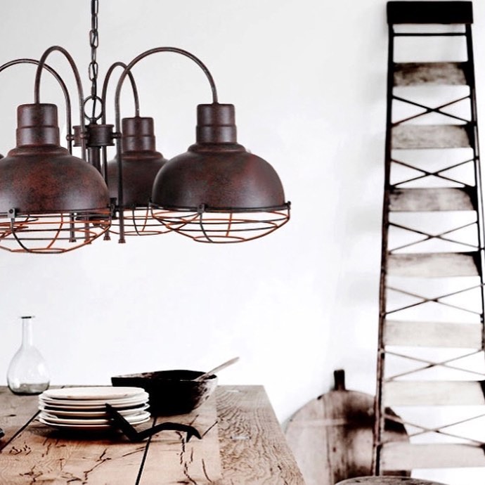 Industrial Chandelier with Rusted Metal Cage Shades