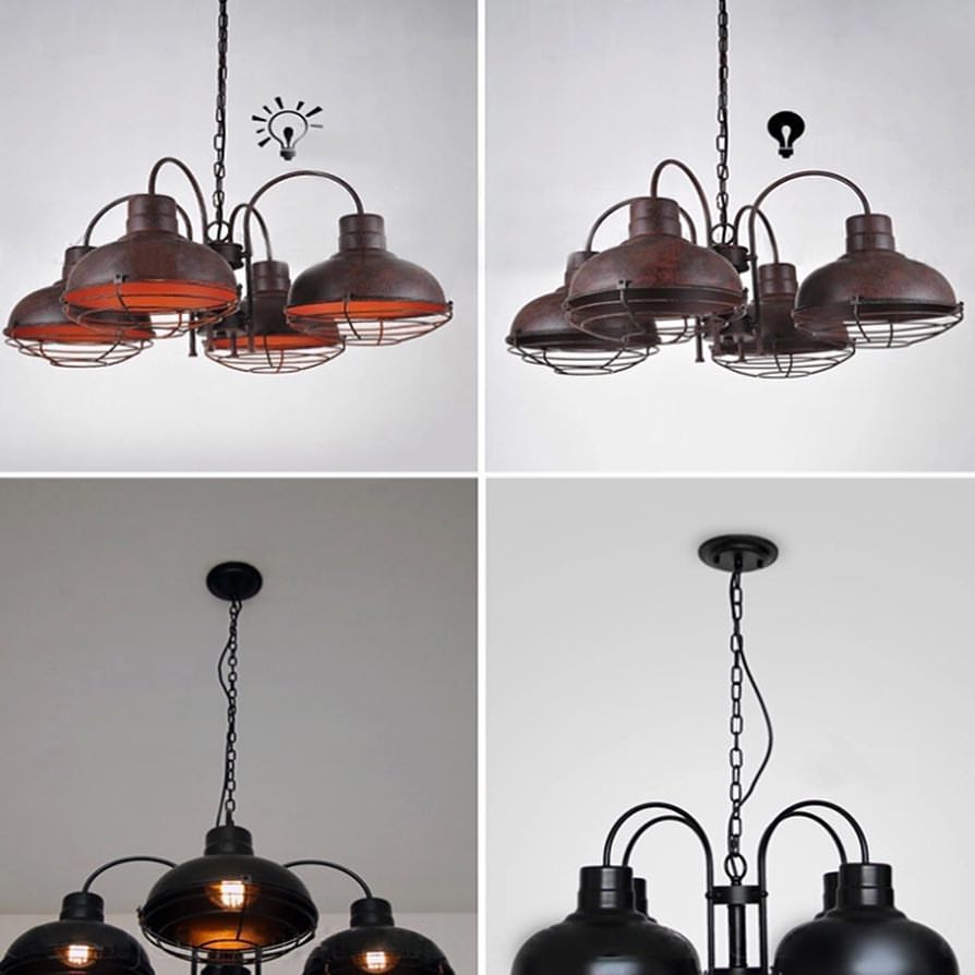 Industrial Chandelier with Rusted Metal Cage Shades