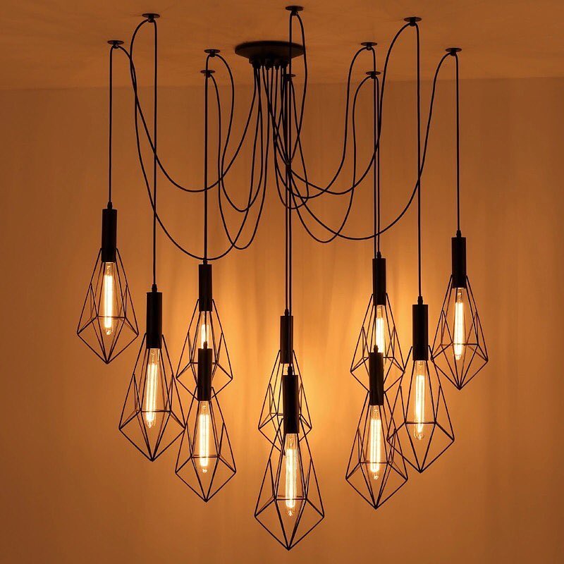 Modern Geometric Pendant Chandelier with Black Wireframe Shades