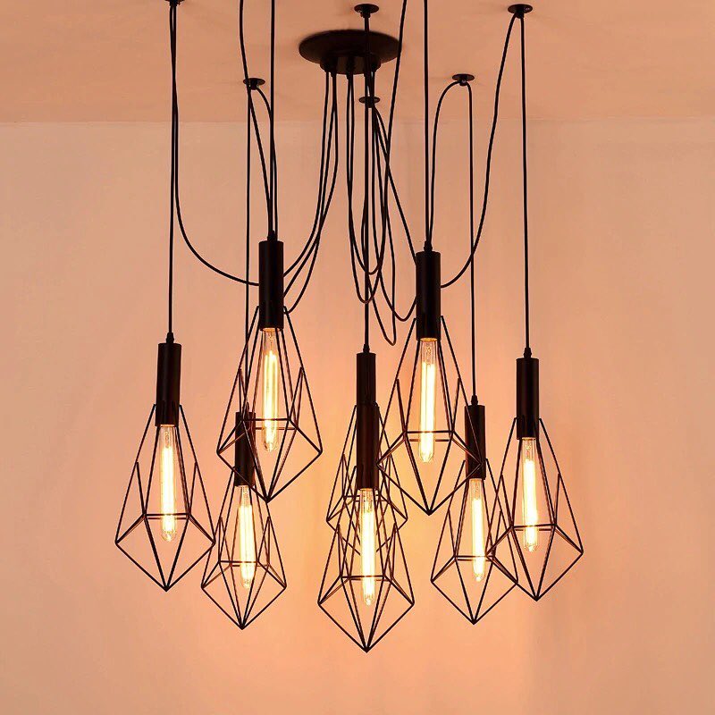 Modern Geometric Pendant Chandelier with Black Wireframe Shades