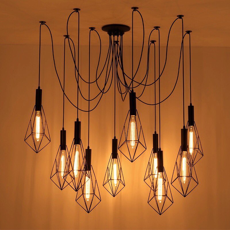 Modern Geometric Pendant Chandelier with Black Wireframe Shades