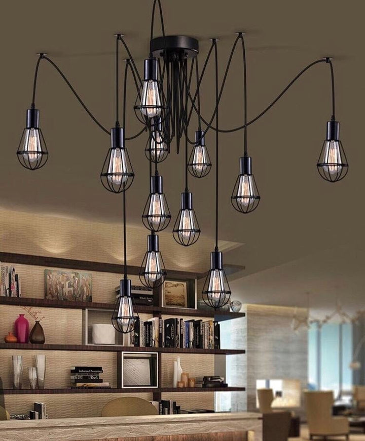 Industrial Multi-Light Pendant Chandelier with Black Wire Shades