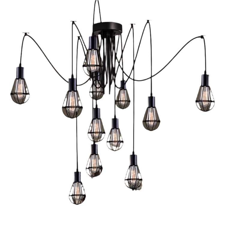 Industrial Multi-Light Pendant Chandelier with Black Wire Shades