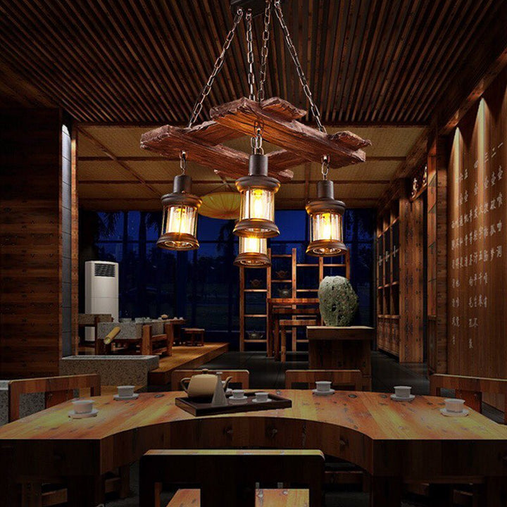 Rustic Wooden Chandelier with Lanterns