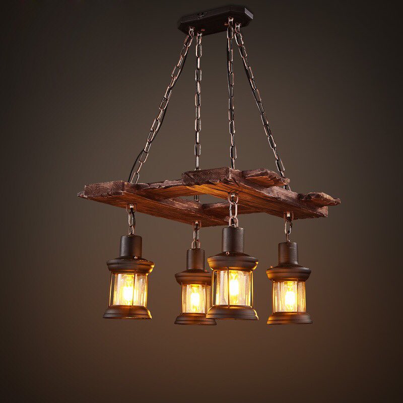 Rustic Wooden Chandelier with Lanterns