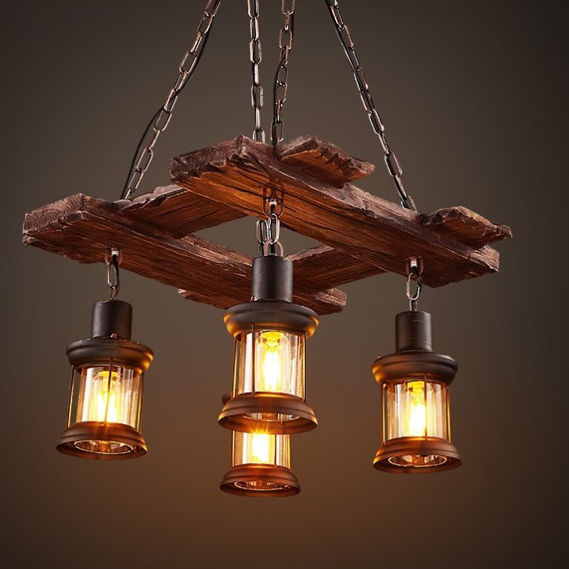 Rustic Wooden Chandelier with Lanterns