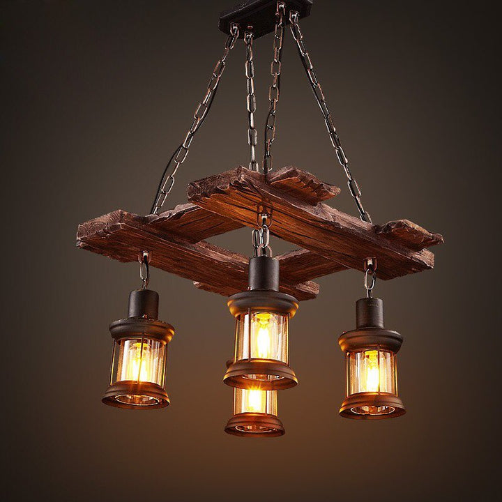 Rustic Wooden Chandelier with Lanterns