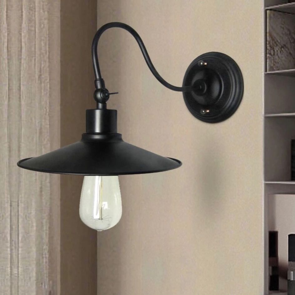 Vintage Industrial Wall Lamp with Curved Arm and Black Shade