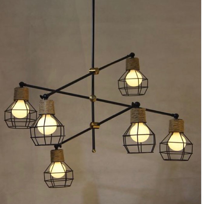 Rustic Industrial Chandelier with Wire Cage Shades