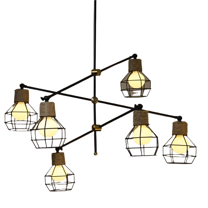 Rustic Industrial Chandelier with Wire Cage Shades