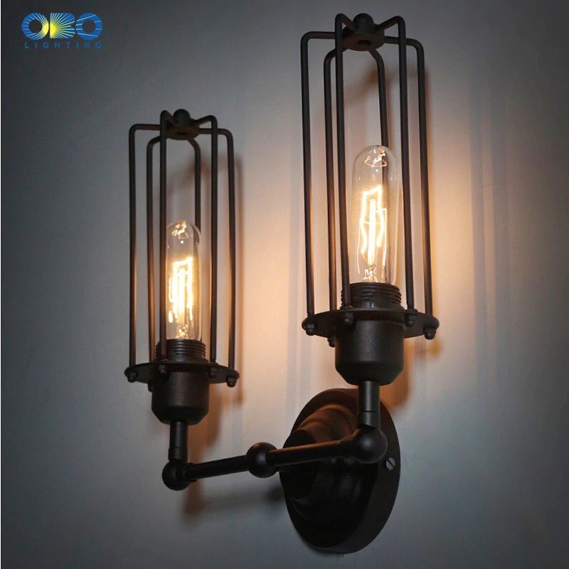 Industrial Wall Light and Metal Cage (incl. Bulbs)