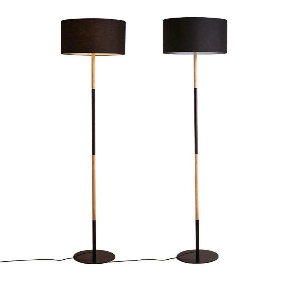 Modern Floor Lamp with Black Shade and Wooden Accents