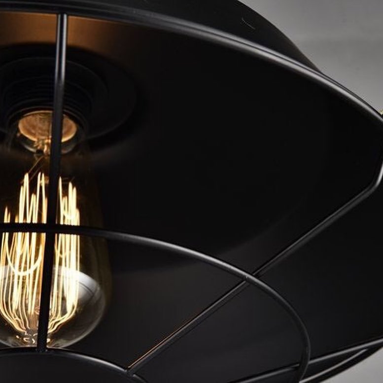 Industrial Pendant Light with Black Metal Shade and Cage Design