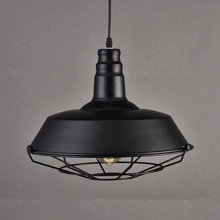 Industrial Pendant Light with Black Metal Shade and Cage Design