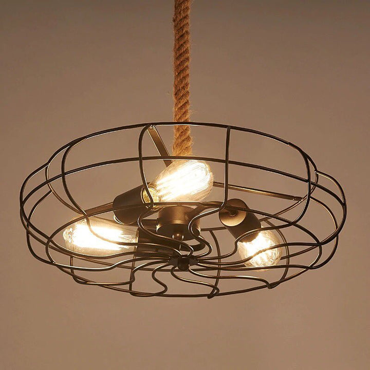 Rustic Industrial Pendant Light with Rope and Cage Design