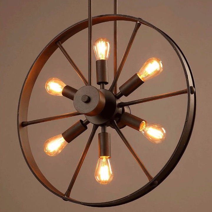 Rustic Pendant Light with Double Wheel Design