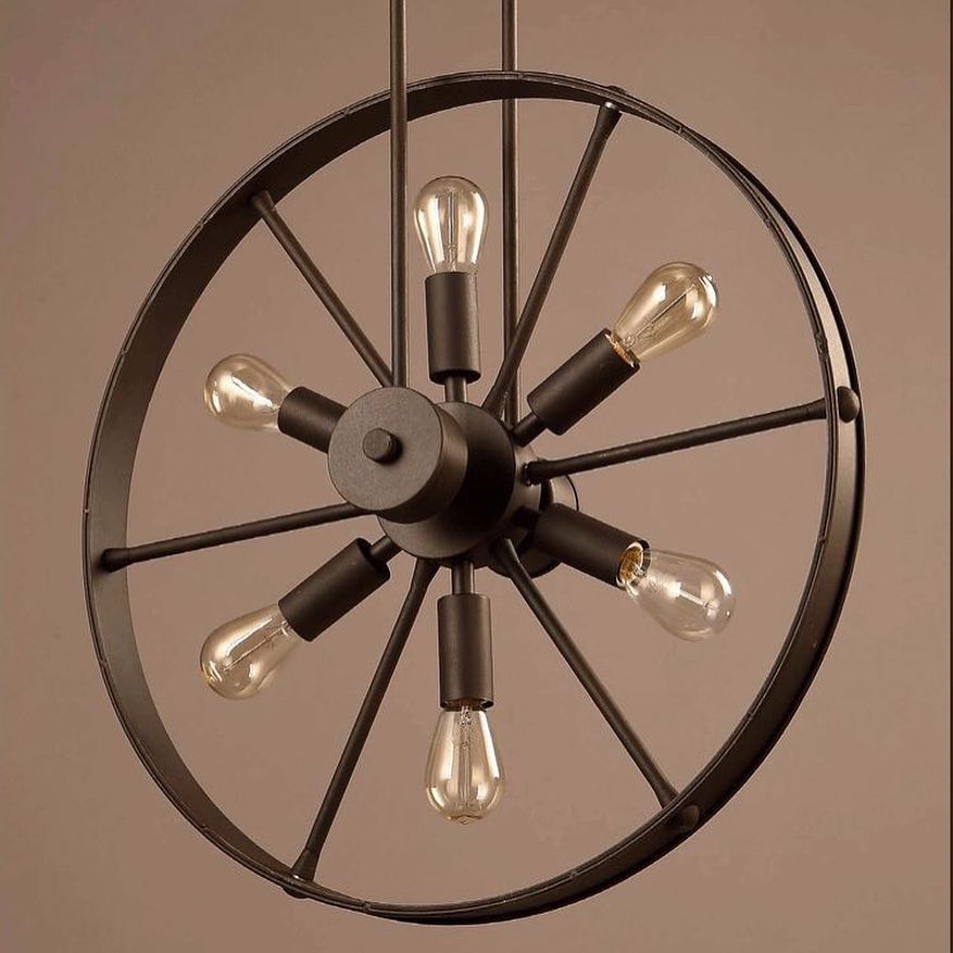 Rustic Pendant Light with Double Wheel Design