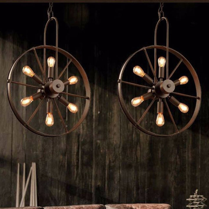 Rustic Pendant Light with Double Wheel Design