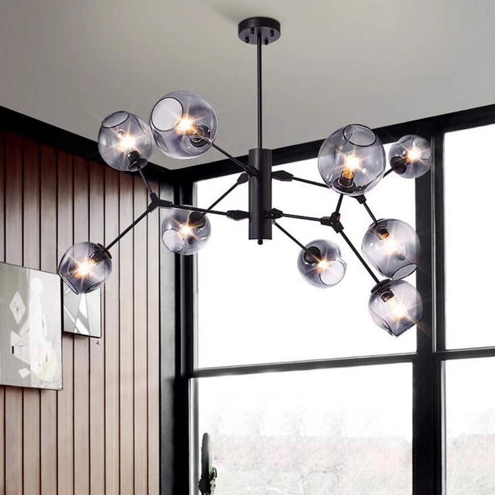 Modern Chandelier with Black Frame and Smoky Glass Globes