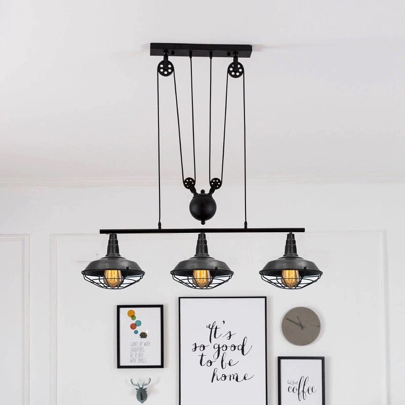 Industrial Pulley Pendant Light with Three Cage Shades