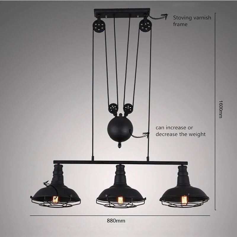 Industrial Pulley Pendant Light with Three Cage Shades