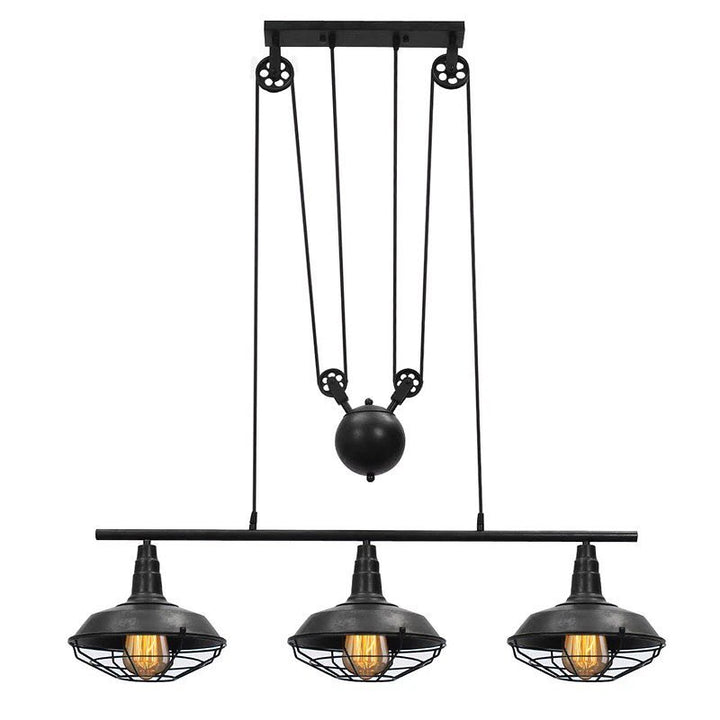 Industrial Pulley Pendant Light with Three Cage Shades