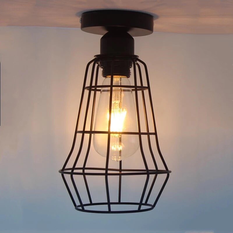 Industrial Ceiling Light with Black Wire Cage