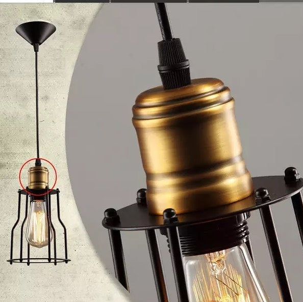 Industrial Pendant Light with Brass Socket and Cage