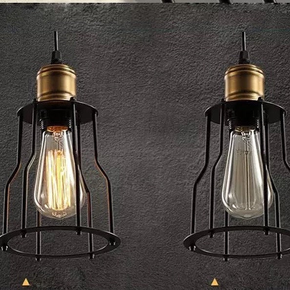 Industrial Pendant Light with Brass Socket and Cage