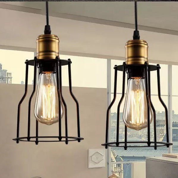 Industrial Pendant Light with Brass Socket and Cage