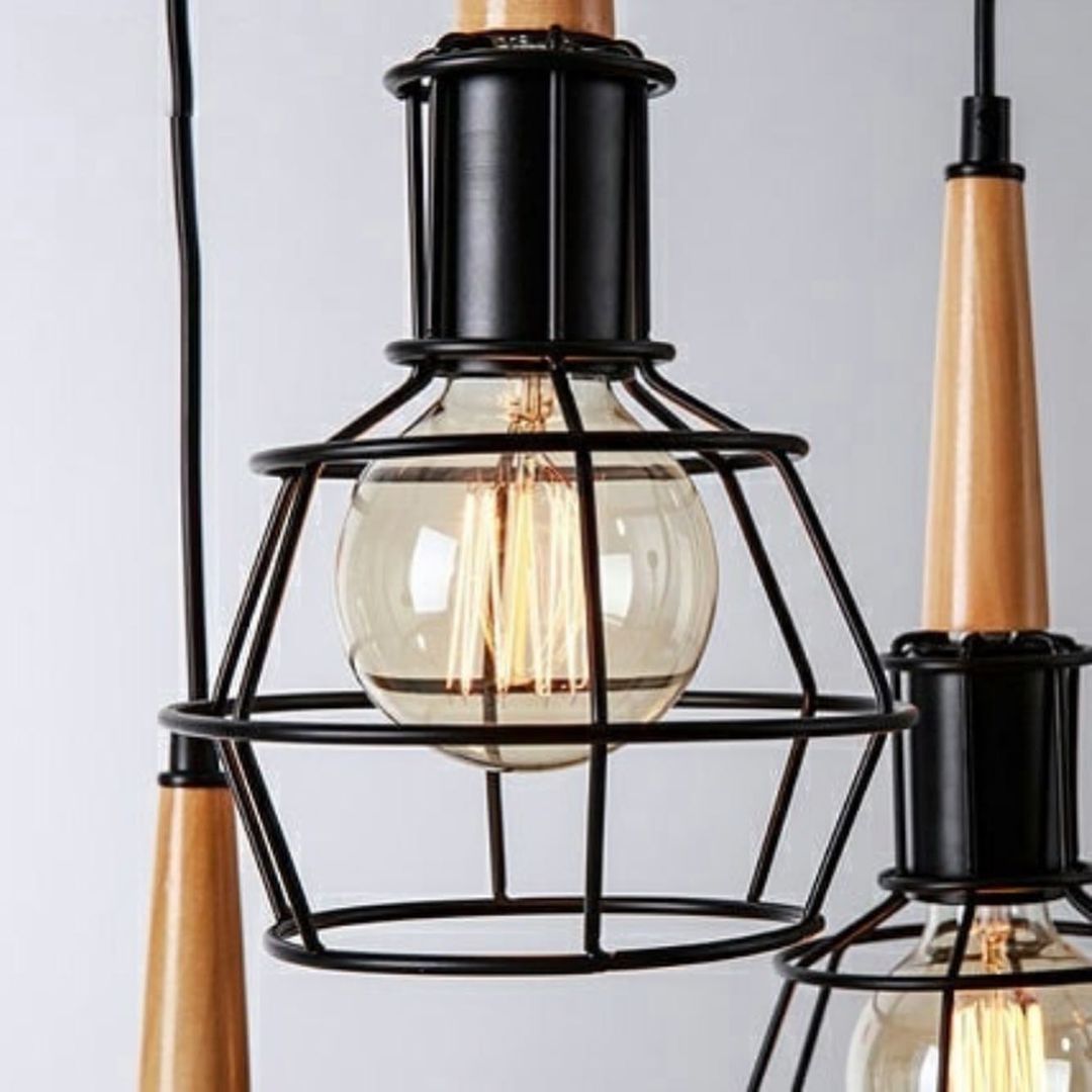 Rustic Pendant Lights with Wireframe and Wood Accents