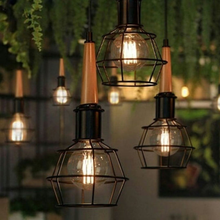 Rustic Pendant Lights with Wireframe and Wood Accents