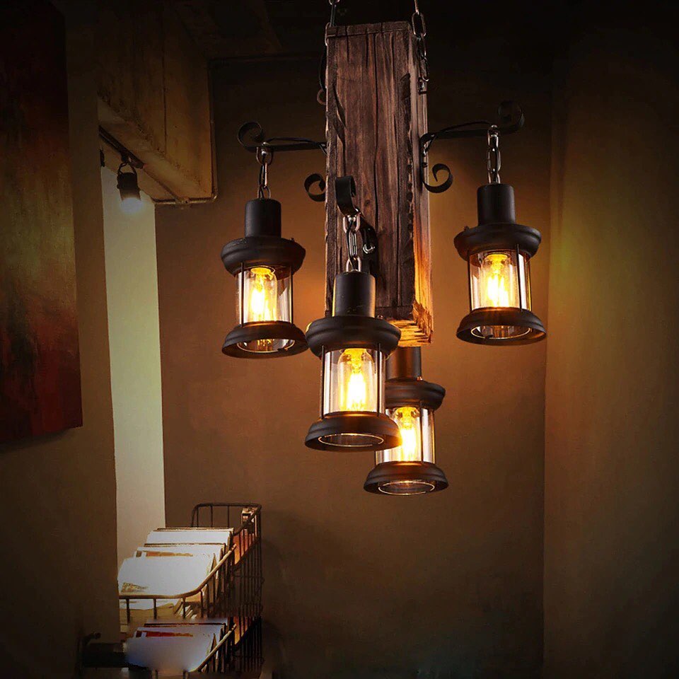 Rustic Chandelier with Wooden Beam and Lantern-Style Lights