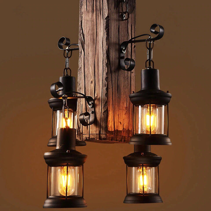 Rustic Chandelier with Wooden Beam and Lantern-Style Lights