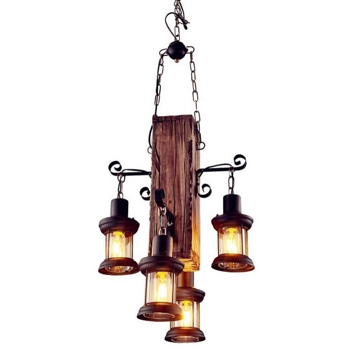 Rustic Chandelier with Wooden Beam and Lantern-Style Lights