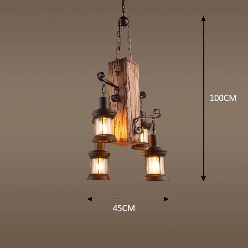 Rustic Chandelier with Wooden Beam and Lantern-Style Lights