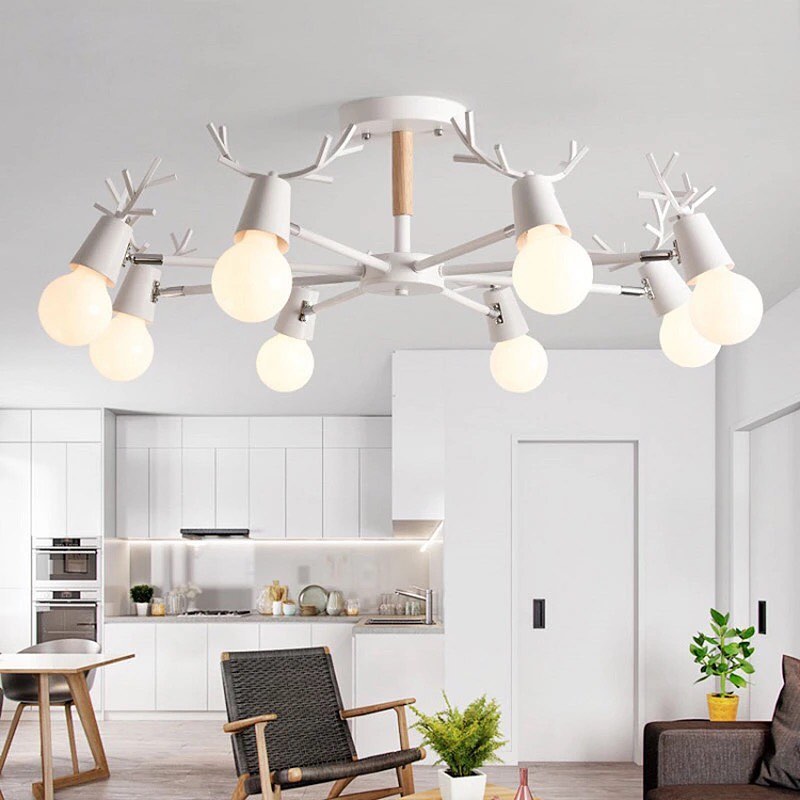 Modern Branch-Style Chandelier with Black and Wood Accents