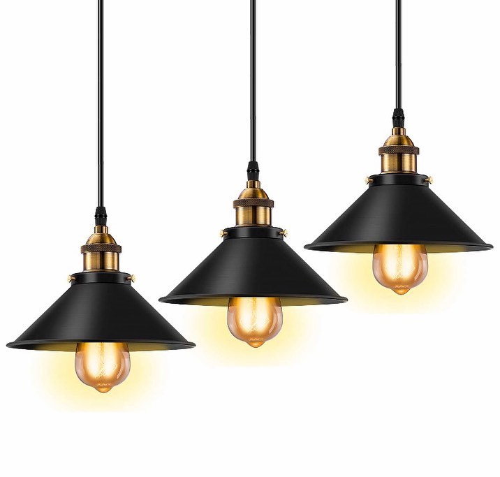 Industrial Pendant Lights with Black Shades and Brass Accents