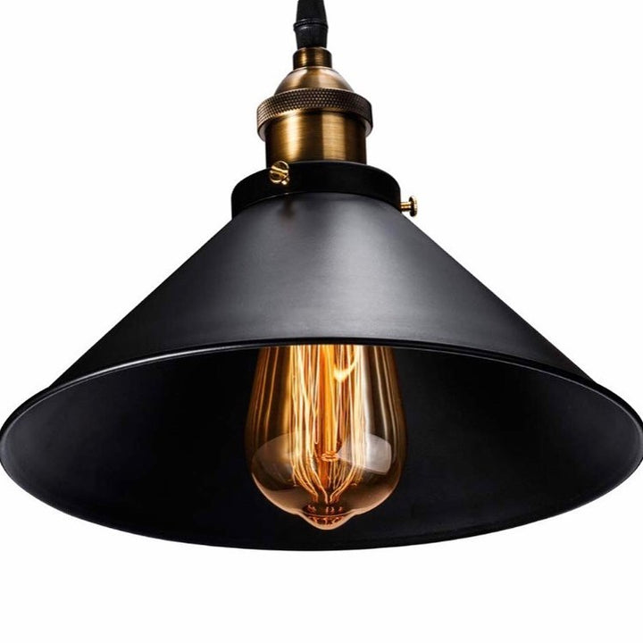 Industrial Pendant Lights with Black Shades and Brass Accents