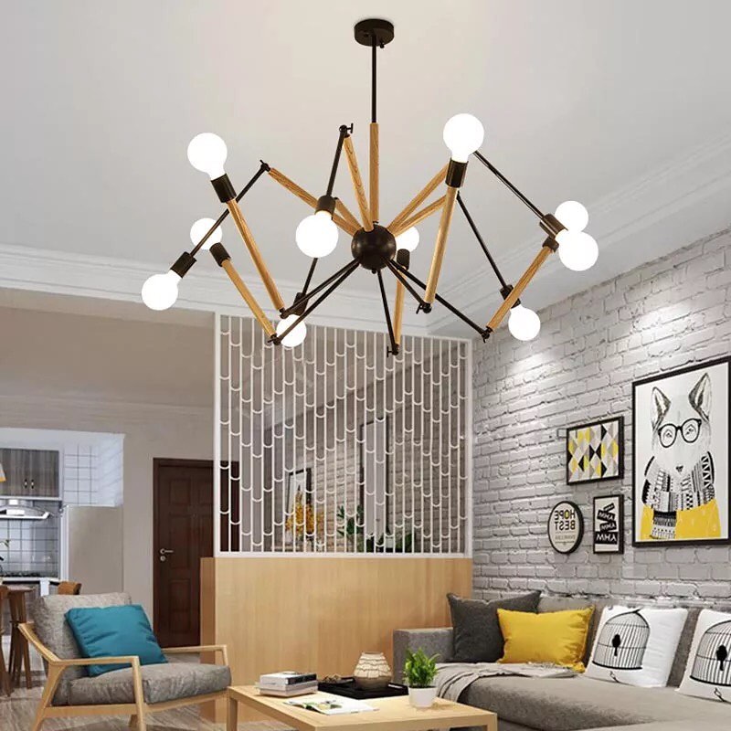 Modern Branch-Style Chandelier with Wooden Accents