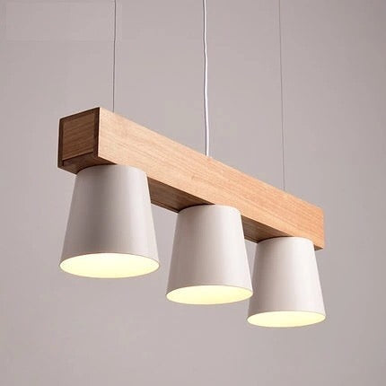 Scandinavian Pendant Light with Wooden Base and White Shades