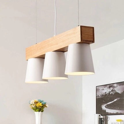 Scandinavian Pendant Light with Wooden Base and White Shades