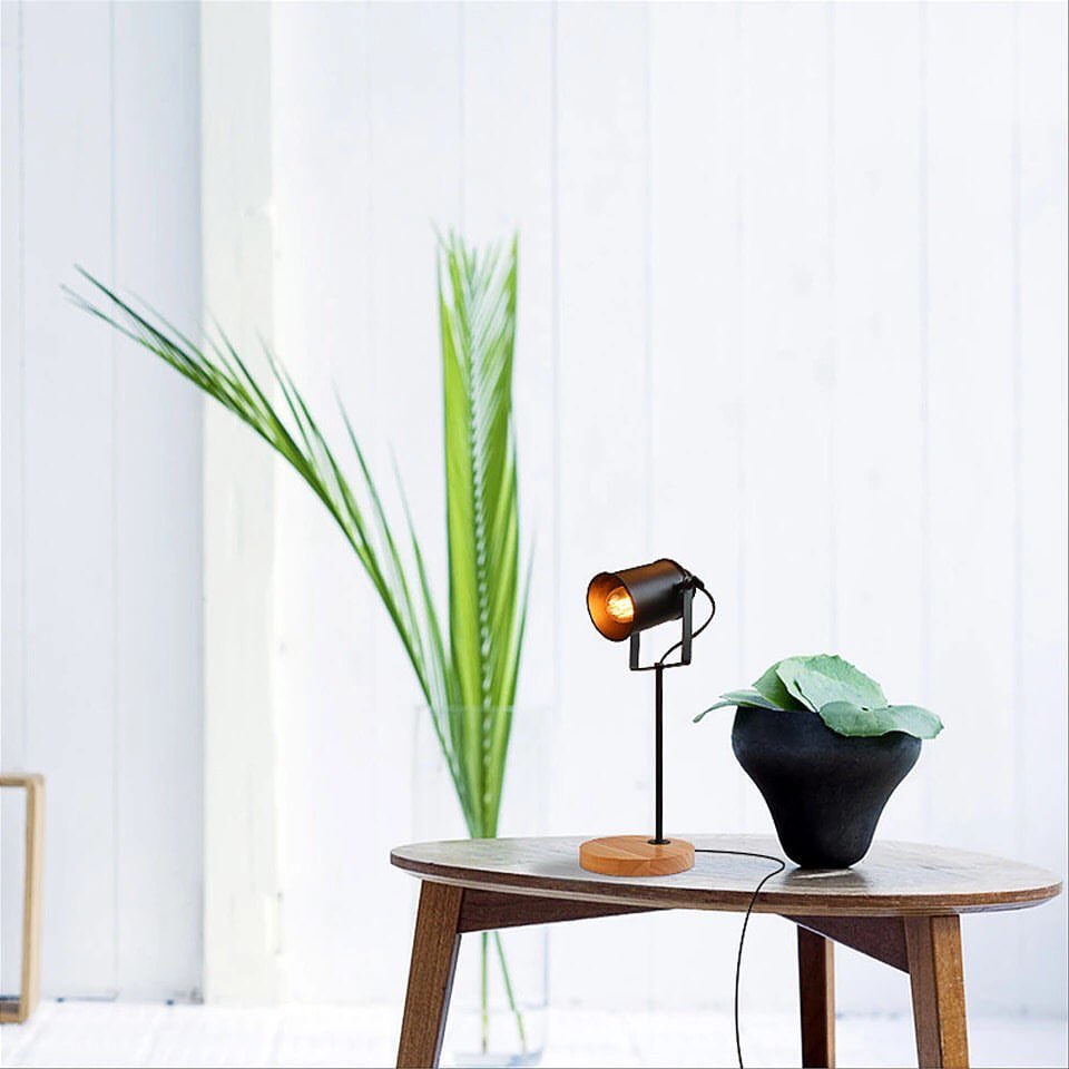 Modern Table Lamp with Black Shade and Wooden Base