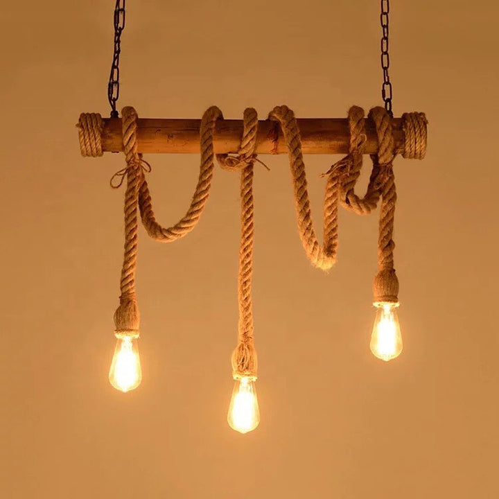 Rustic Rope Pendant Light with Natural Wooden Base