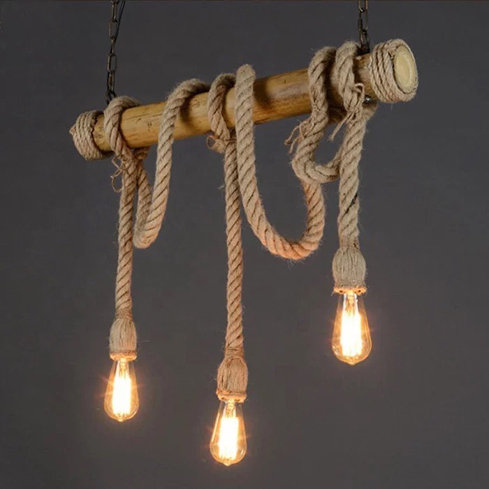 Rustic Rope Pendant Light with Natural Wooden Base