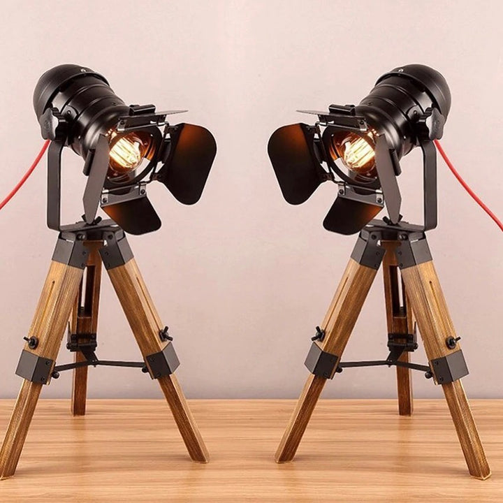 Industrial Table Lamp with Tripod Wooden Base