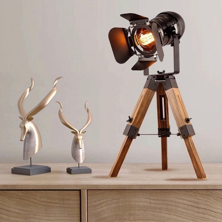 Industrial Table Lamp with Tripod Wooden Base