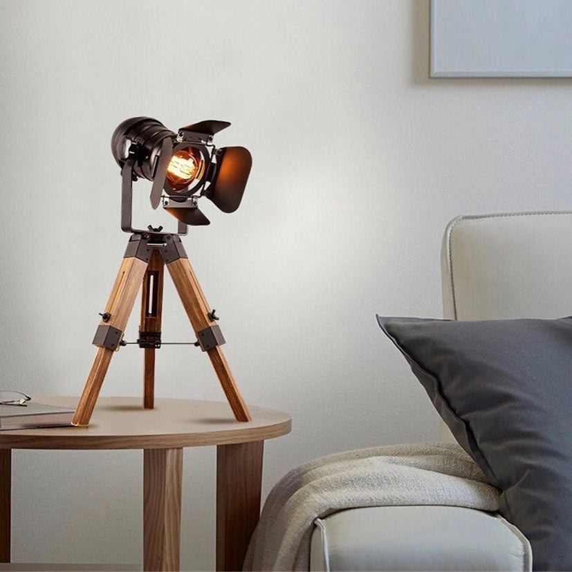 Industrial Table Lamp with Tripod Wooden Base